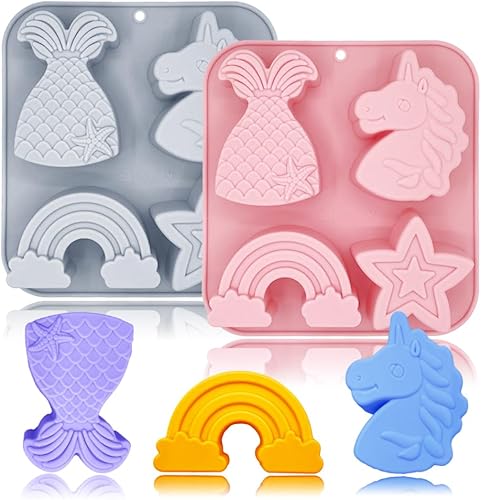 Miniatura 10 de Paquete de 2 moldes de unicornio de silicona con 8 cavidades 3D con temática de unicornio volador con dibujos animados arco iris, meteoros, sol