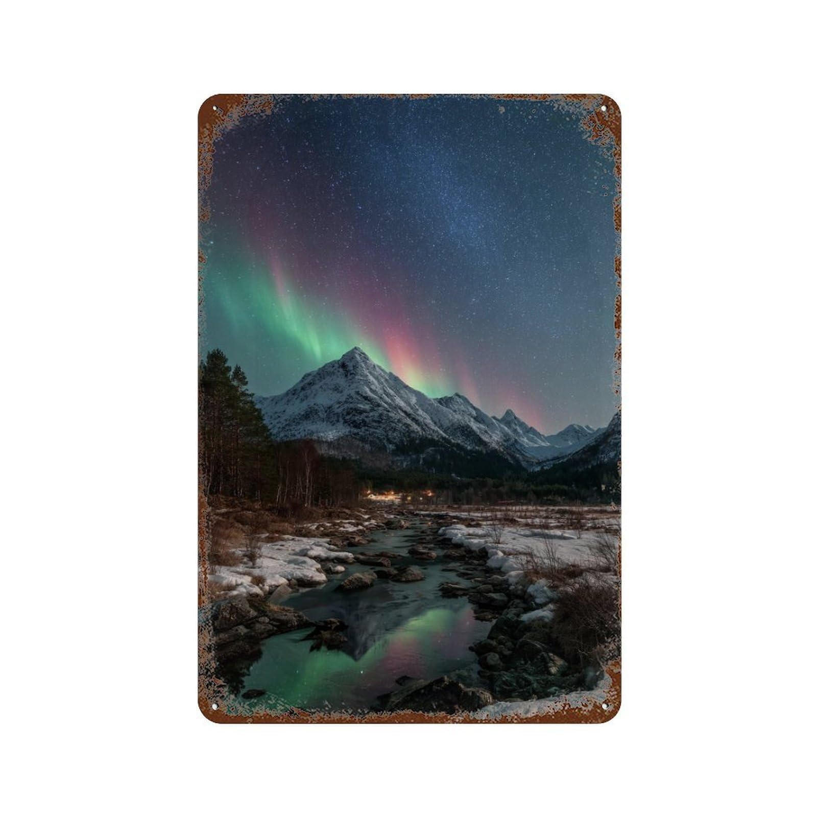 Aurora Borealis Over Snowy Mountains Rusty Metal Tin Sign 11.8"x7.9", for Pub, Kitchen And Man Cave Decor, Farmhouse Wall Decor