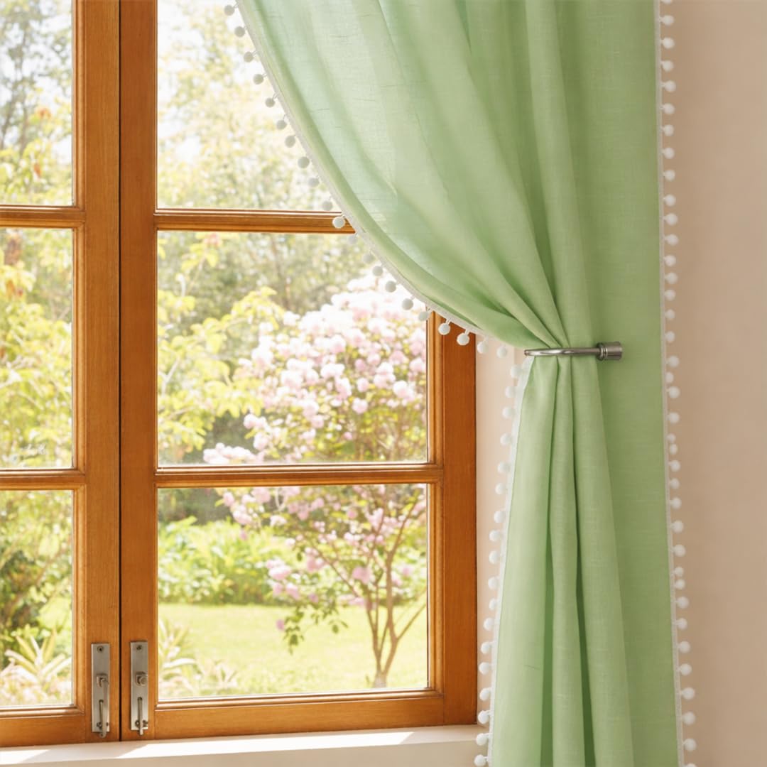 HOMEMONDE Cotton Sheer Solid Curtains Long Door 10 Feet Sun Light Filtering Solid Curtain with Rod Pocket, Both Sides Pompoms, Pack of 2 - (Mint Green, 120 Inch)