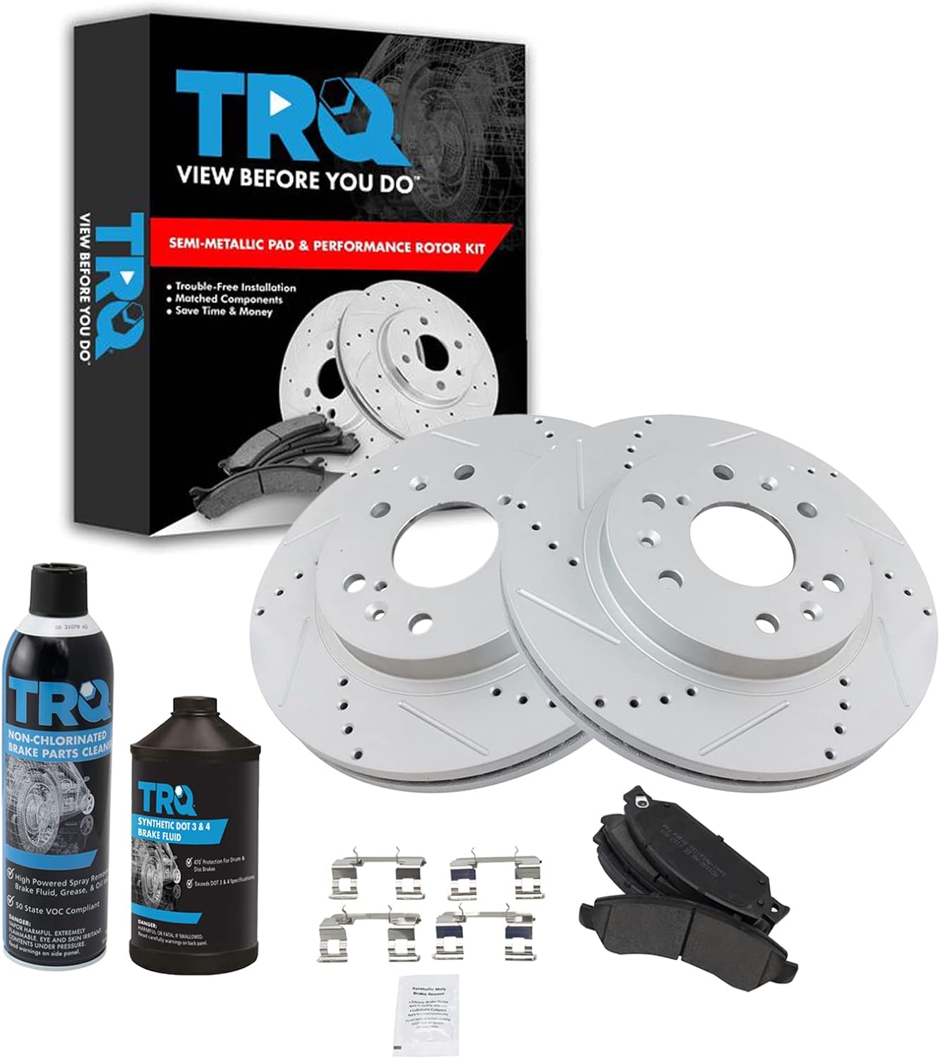 TRQ Front Brake Pad & Rotor Kit Premium G-Coated Semi-Metallic Performance Slotted X Drilled Compatible with 07 Cadillac 05-07 Chevrolet GMC