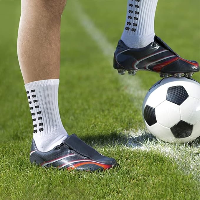 Image of 2 pair Non-Slip Football Socks for Men & Women | Grip Sports Socks with Cushioning | Anti-Skid, Breathable Cotton Crew Socks for Soccer, Rugby, Cricket, Gym, Yoga