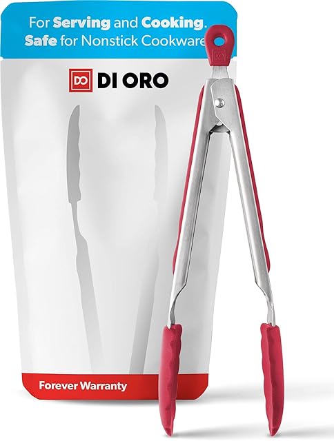 DI ORO® Kitchen Tongs 23cm Stainless Steel with Non-Stick 250°C Heat-Resistant BPA Free Silicone Tips Great Tool for Cooking, Serving, and Barbecuing - Dishwasher Safe and Easy to Clean
