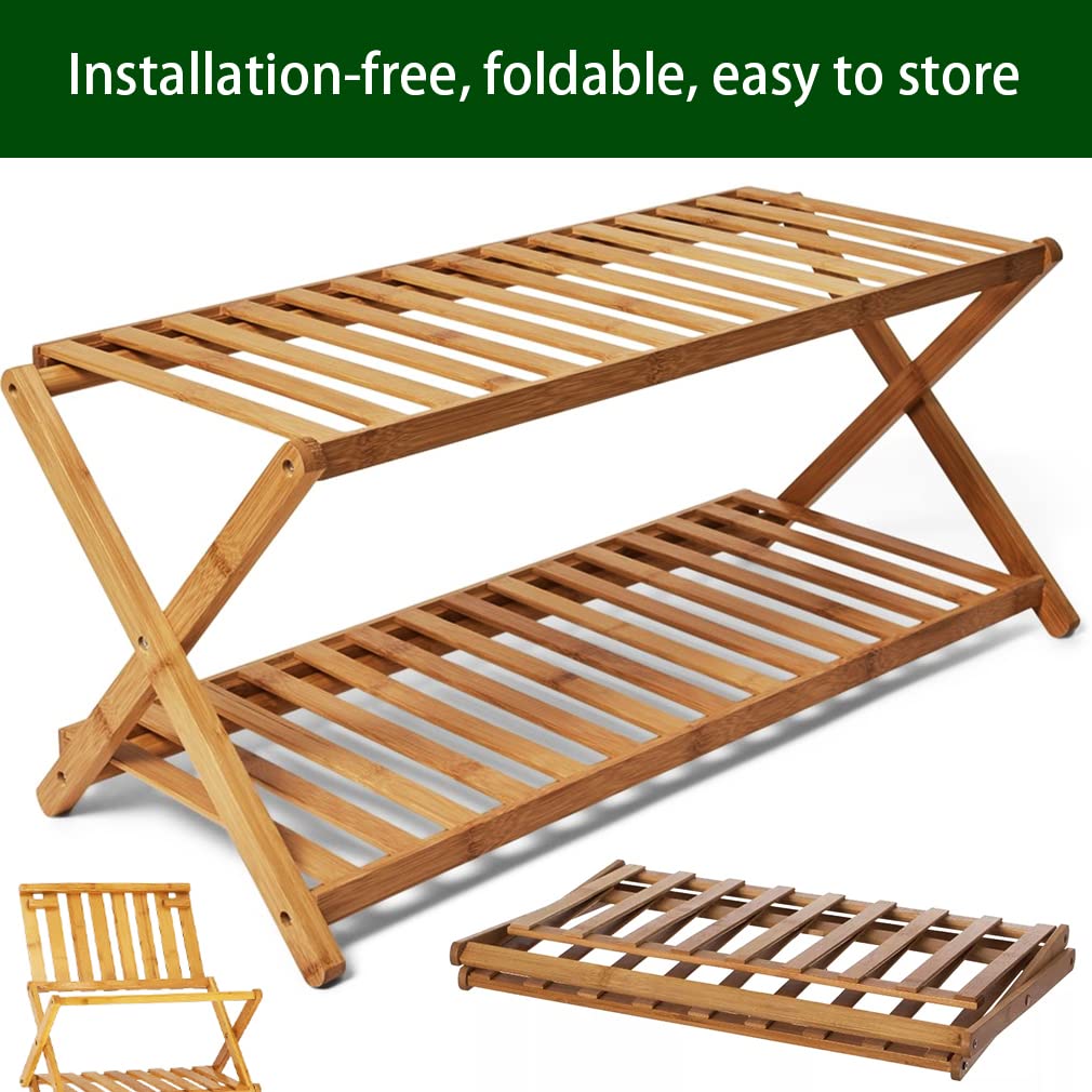 Bambus Schuhregal Klein, 2 Ebenen Faltbares Schuhregal Holz, Ohne Installation Mini Schuhregal Perfekt für Flur, Schlafzimmer und kleine Räume, Lager 80bl (Holz, 2 Ebenen)