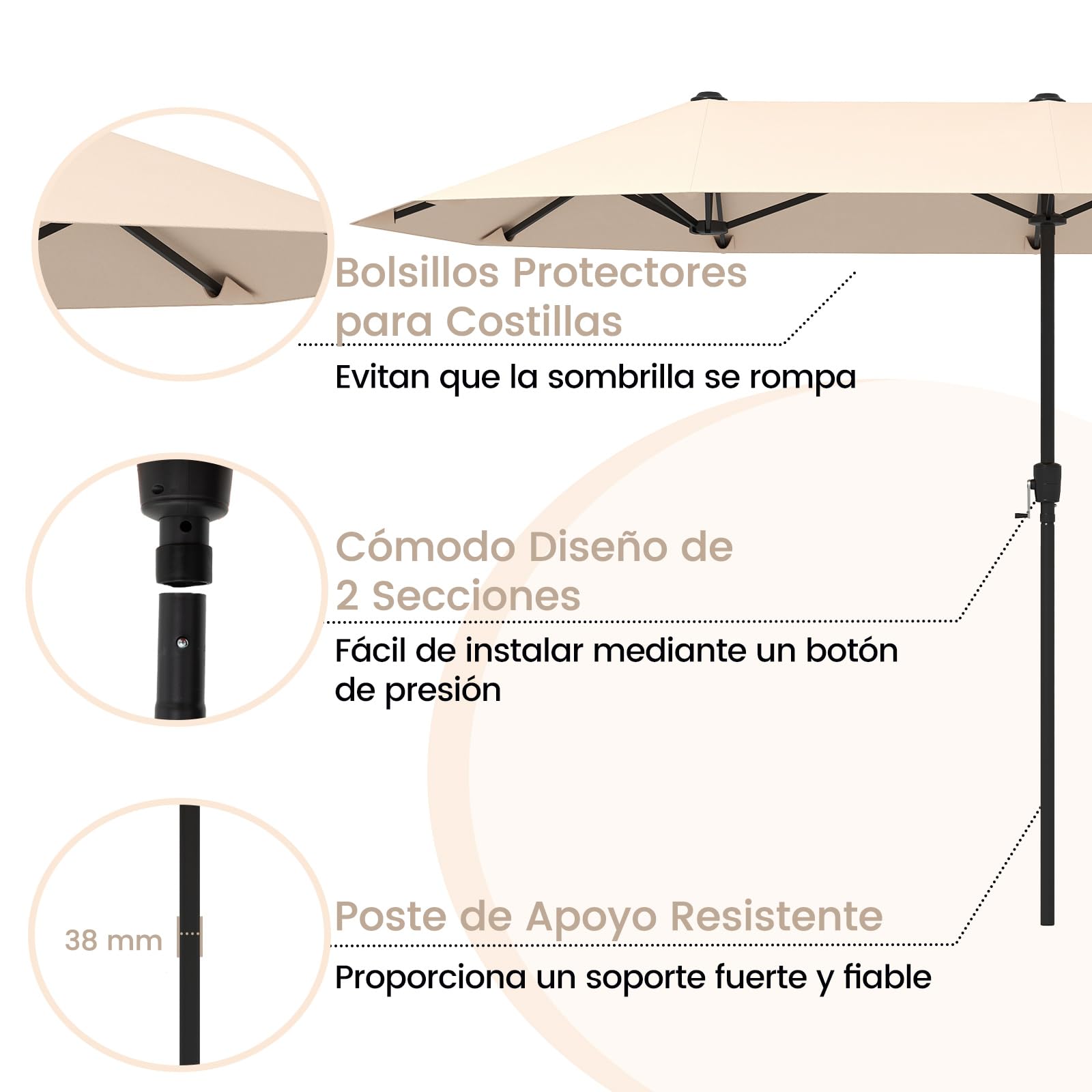COSTWAY Sombrilla Terraza Exterior Doble 380×200 cm, Sombrilla Doble para Jardin con Manivela y 12 Varillas Resistente,Parasol Terraza Exterior para Mercado Jardín Patio (Beige, 380×200 cm)