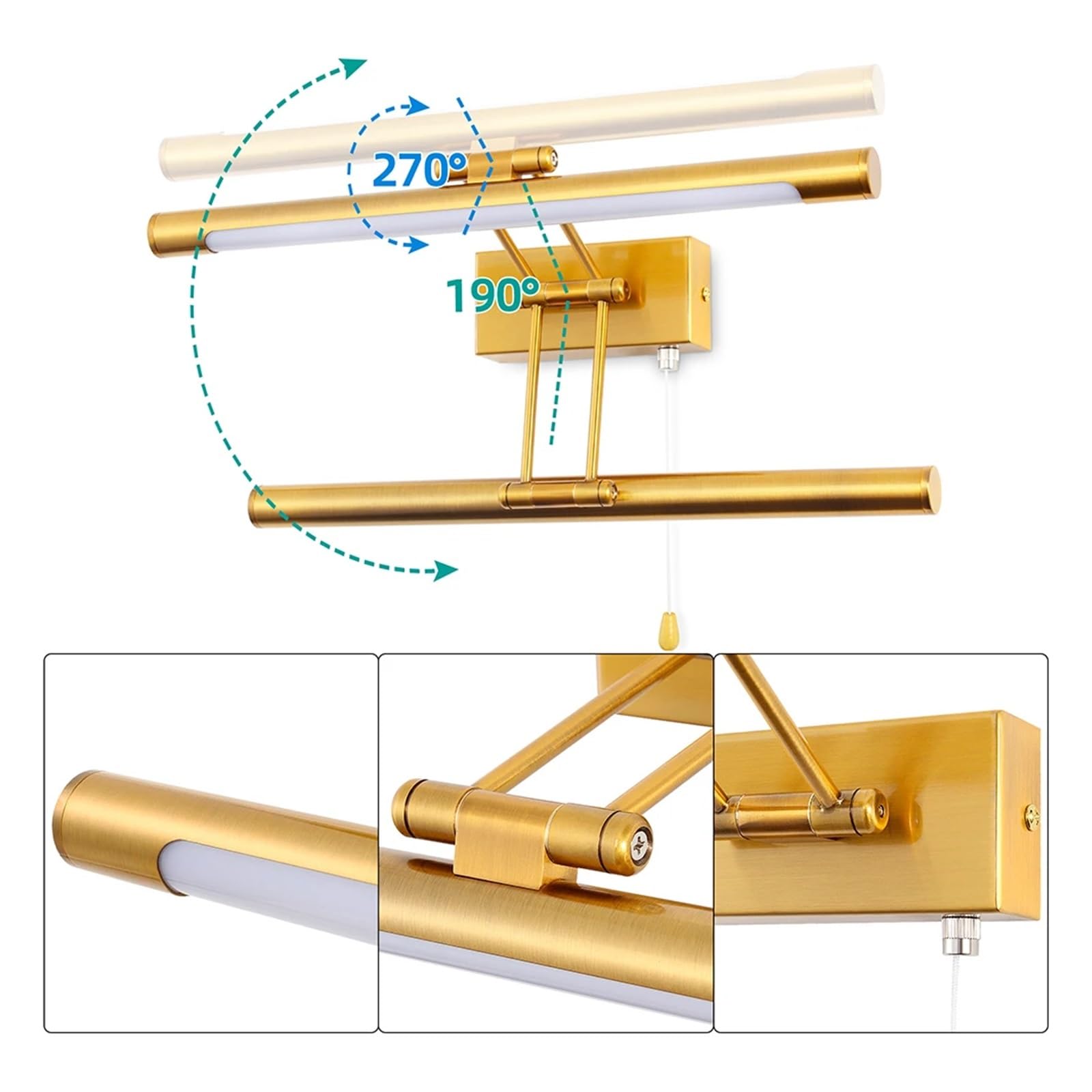 Applique da parete 8W, luce LED for specchio bagno con testa girevole e interruttore a strappo for lampade comodino camera letto(101A BS 495mm 4000k)
