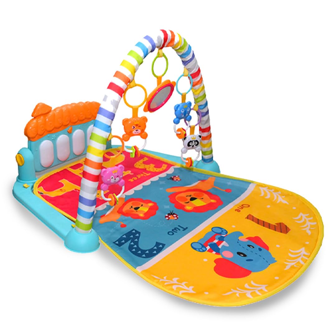 BUMTUM Baby Piano Gym Orange Blue Elphie | Play Mat for Gym & Fitness Rack with Hanging Rattles Keyboard Set with Music Mode.