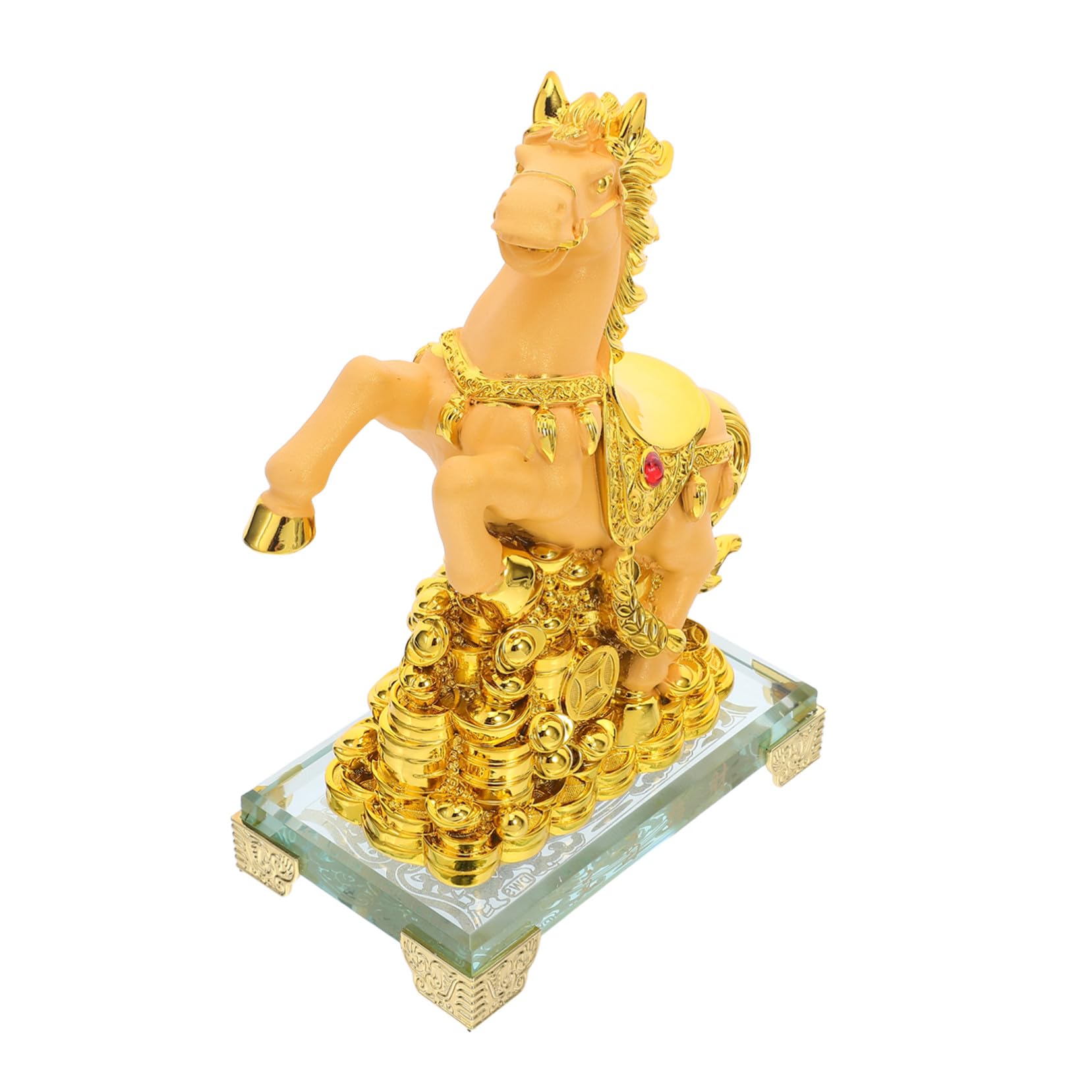Złota Rzeźba Konia z Żywicy Stojąca Figurka Biurko i Półkę Dekoracja Do Salonu i Biura Kolekcjonerski Ornament Chińskiego Zodiaku