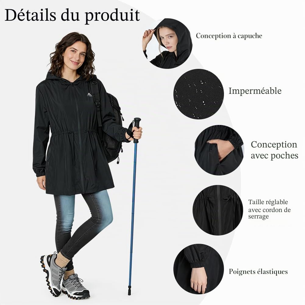 flintronic Veste Imperméable pour Femmes, Veste de Pluie Légère à Capuche, pour Sport Running Rain Saison Randonnée, Noir