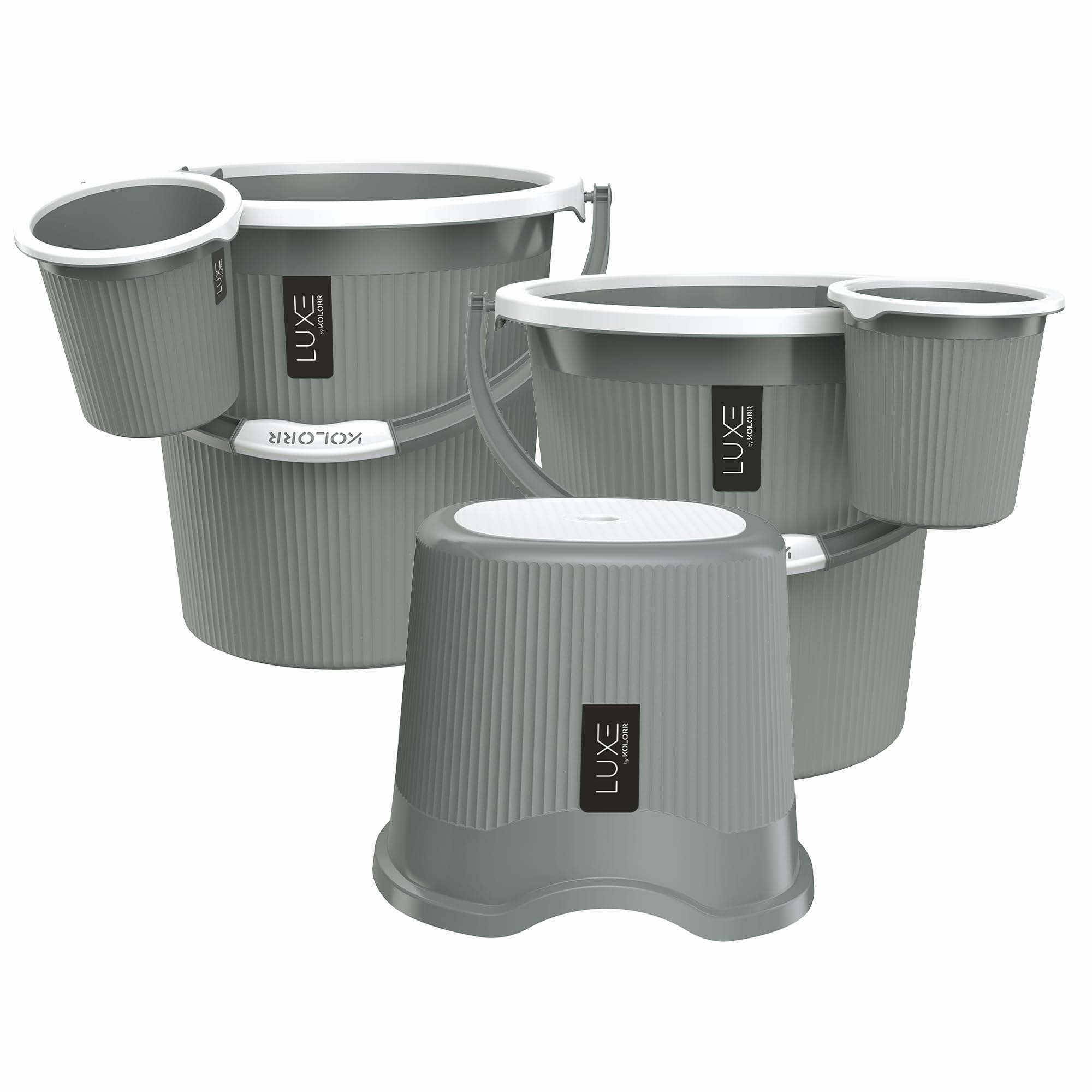 KOLORR Luxe Bathroom Set (Bucket 25L x 2) + (Mug 1.5L x 2) + (Luxe Patla x 1)|Sturdy and Durable |Lightweight| Easy to Clean and Attractive Design|Pack of 5| PNT Grey 431C-image-26