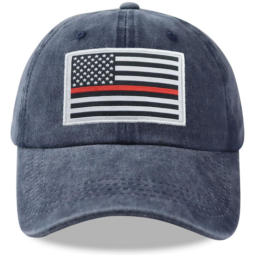 Image of Thin Red Line American Flag Hat, Cotton Adjustable Embroidered Firefighter Baseball Cap for Men Women