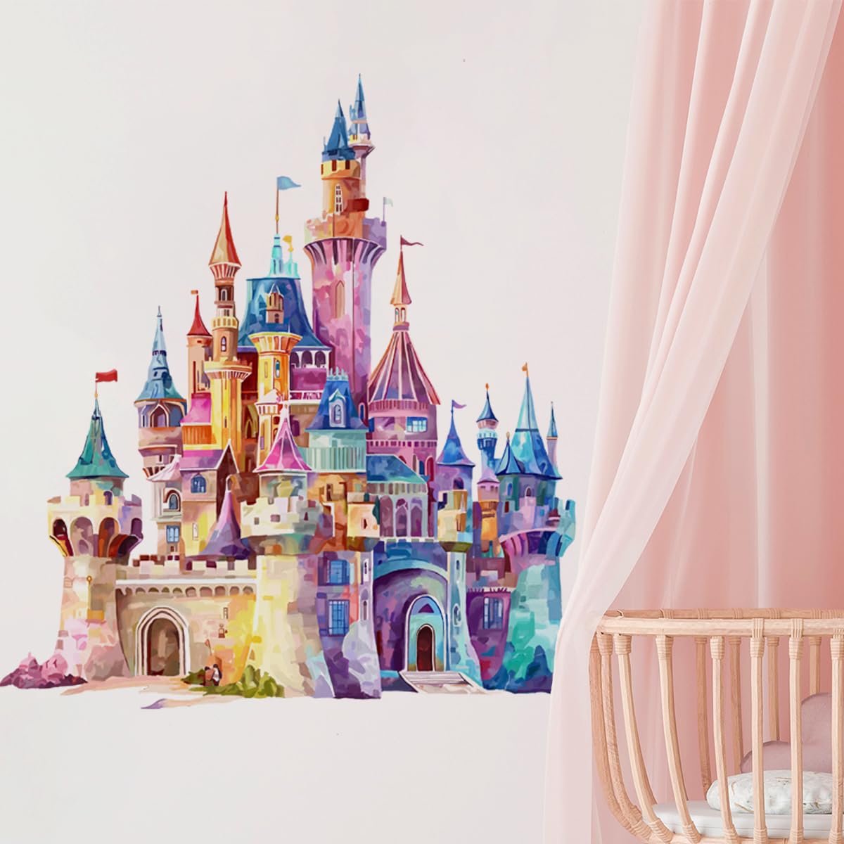 Runtoo Princess Castle Wall Decals for Girls Bedroom Watercolor Fairy Tale Wall Stickers Peel and Stick Kids Baby Nursery Wall Decor - Image 3