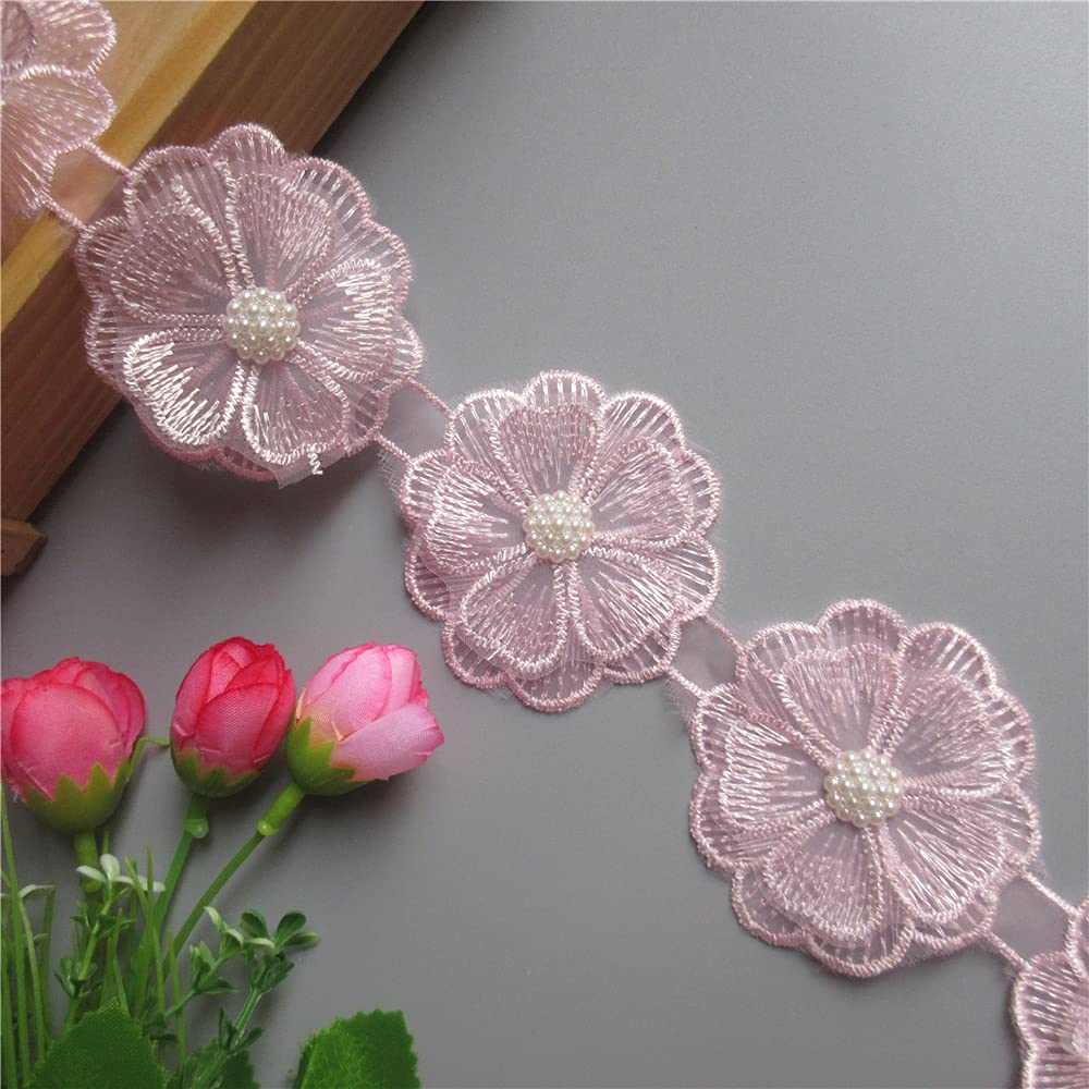 1 Meter Roze Parel Kralen Bloem Geborduurd Kant Trim Lint Afrikaanse Stof Bloemen Applicaties Bruidsjurk Ornamenten Handgemaakte DIY Naaibenodigdheden