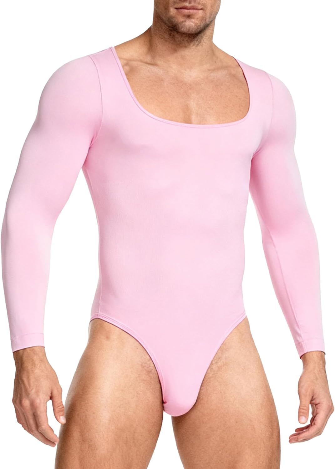 Men's Solid Color Bodysuit Square Neck Long Sleeve Openable Crotch Stretchy Leotard