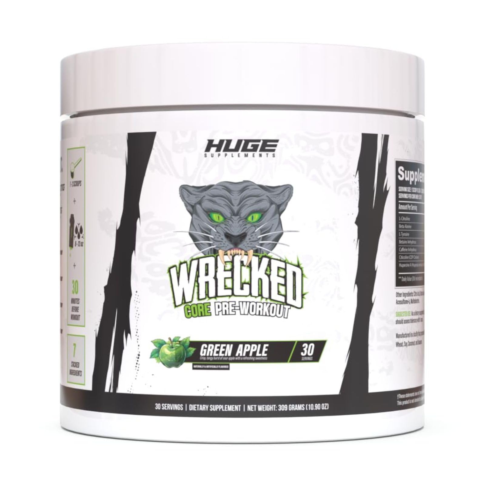 Huge Supplements Pré-treino com beta-alanina, betaína anidra, cafeína, L-citrulina e L-tirosina, 30 porções