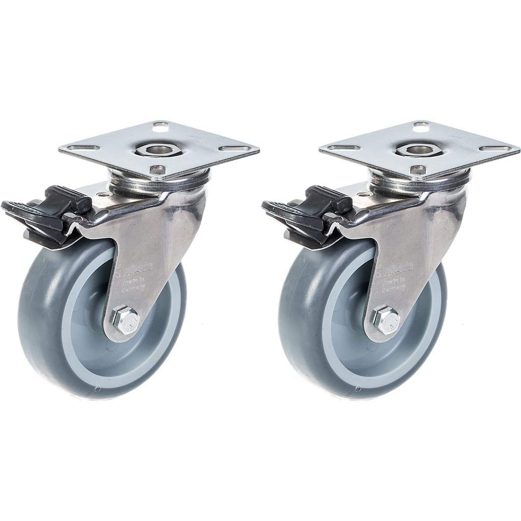 Roulettes en acier inoxydable de 75 mm (3 pouces) avec bandage gris, pivotantes et équipées d'un frein, capacité de charge de 120 kg, lot de 2