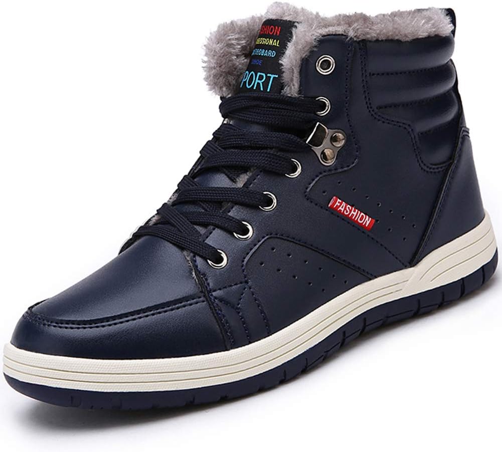 Men Winter Snow Boots Waterproof Outdoor Fashion Sneakers Leather Ankle-high Shoes (Black,Blue)