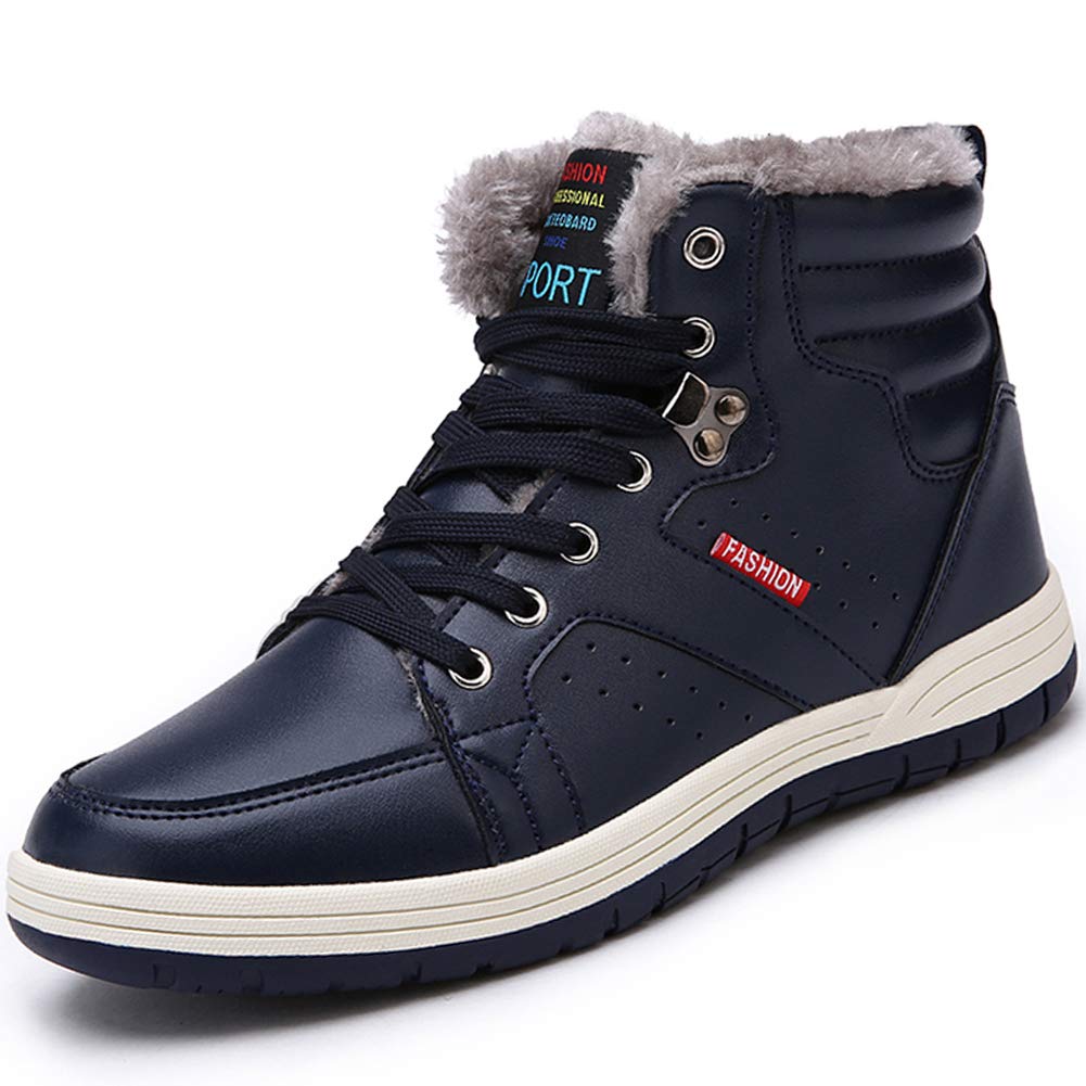 Men Winter Snow Boots Waterproof Outdoor Fashion Sneakers Leather Ankle-high Shoes (Black,Blue)