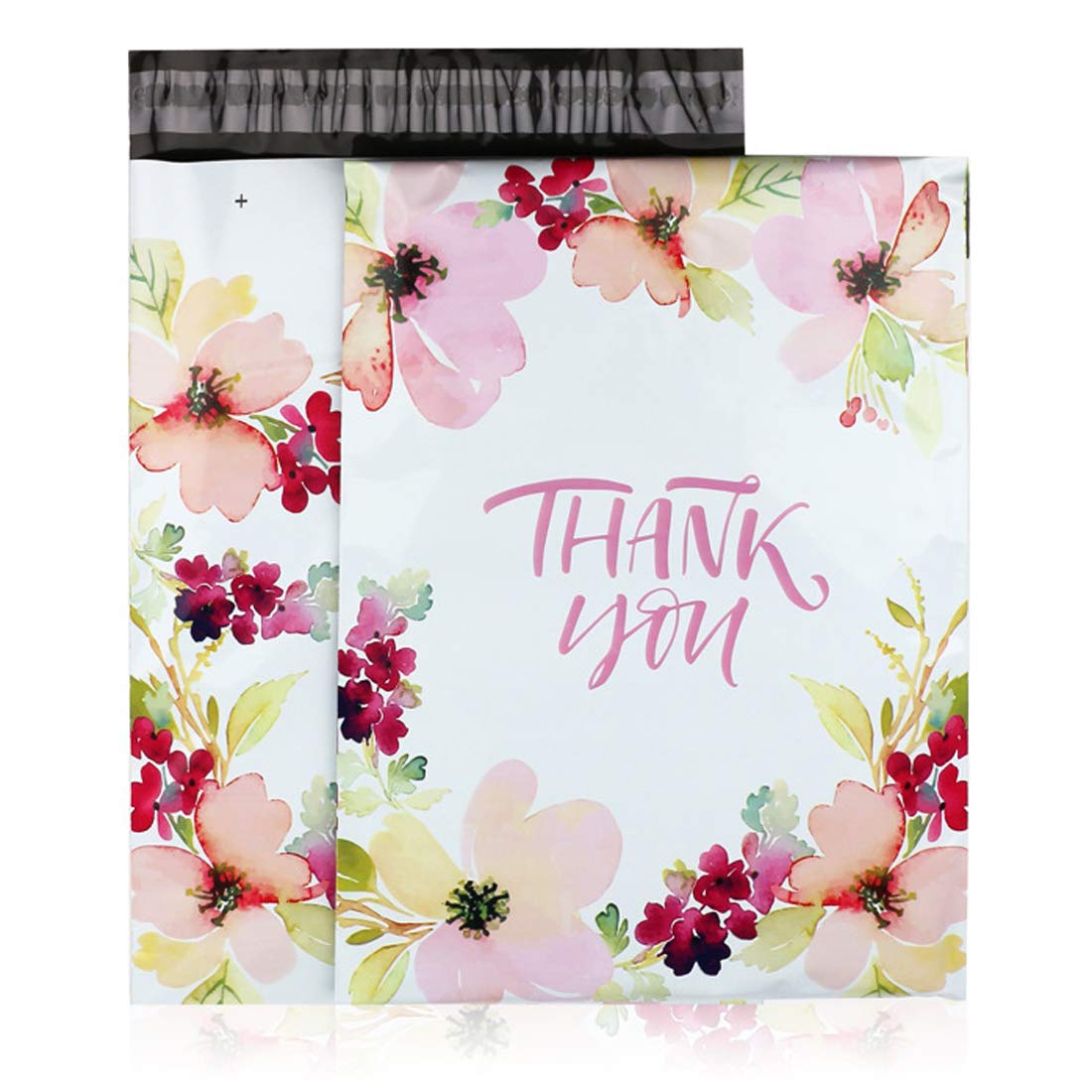 Dogdotnet 300 Counts inch Thank You inch Floral Flowers Poly Mailer Envelope Plastic Custom Mailing and Shipping Bags,Self Seal Size 10 inch X 13 inch