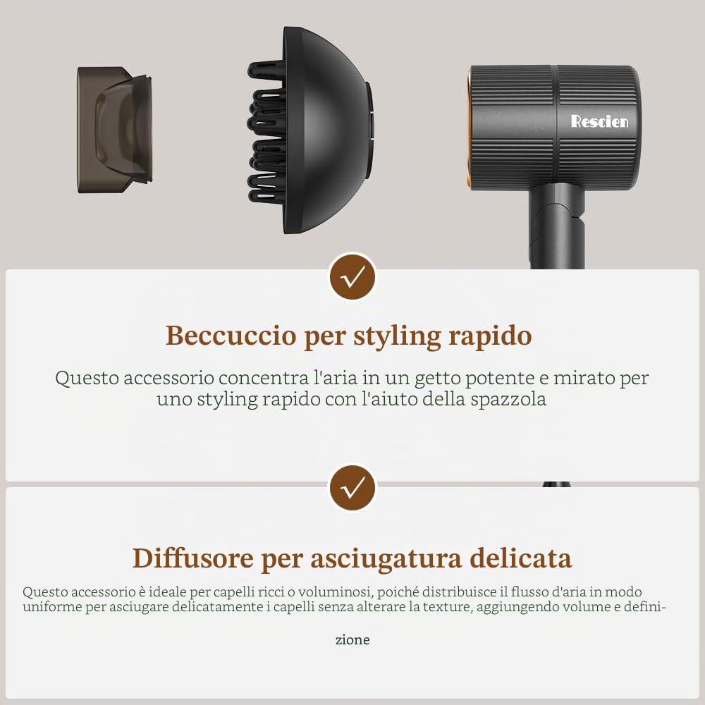 Asciugacapelli Phon ionico RESCIEN 2000W con Concentratori & Diffusore [Compatto/Ultraleggero/2026 NEW- 10x7x19cm/250g] Phon Capelli da viaggio, Mini Asciugacapelli per Asciugatura Rapida (Nero)