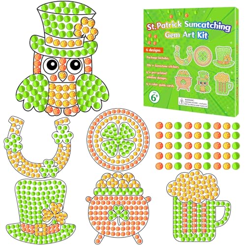 Qyeahkj 6 Pcs St Patrick's Day Arts Crafts DIY Shamrock Hat Gem Diamond Suncatcher Crafts for Kids Patrick Diamond Painting Gifts Exchange for Kids Aged 4 6 8 10 12 for Home School Party Decor