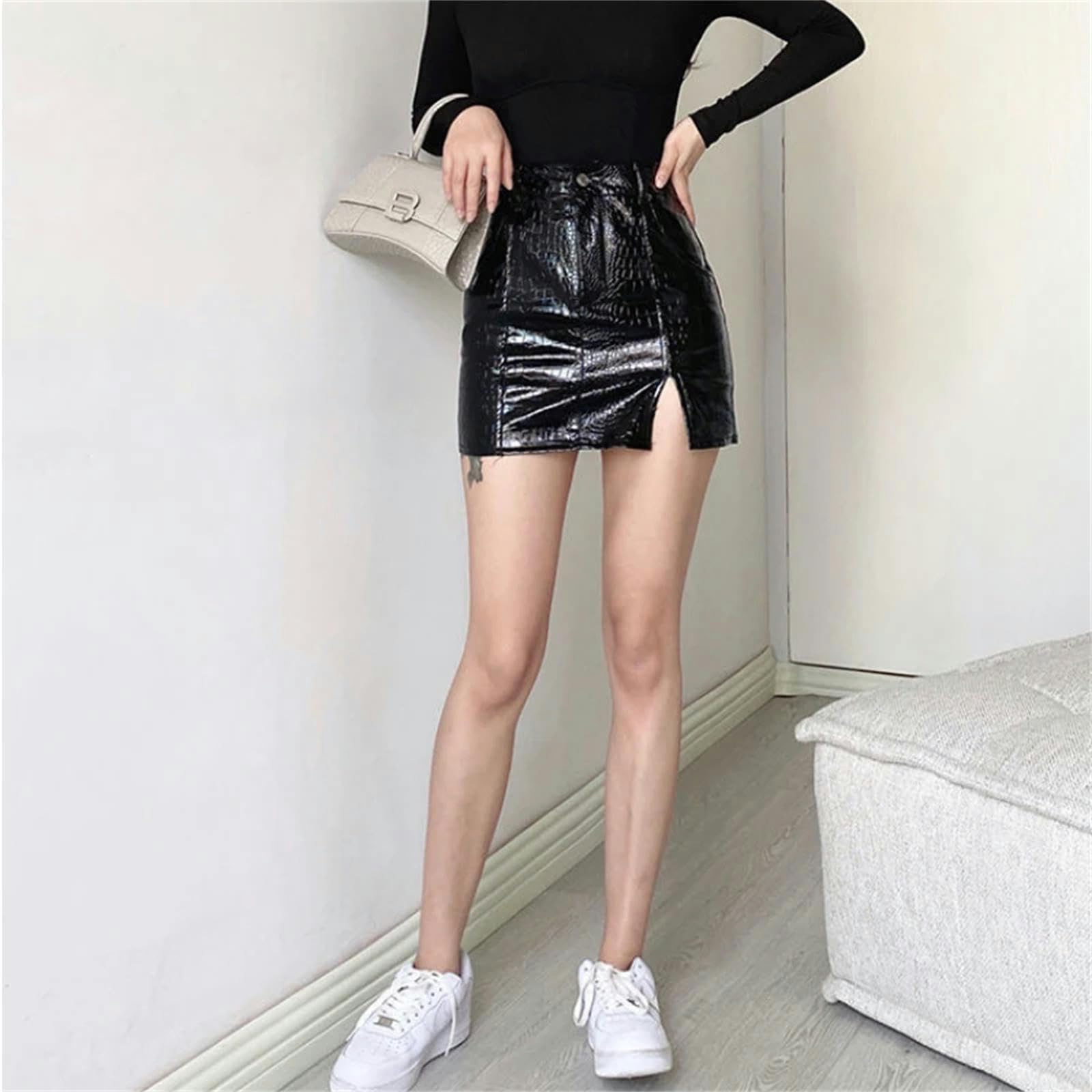 Gonna Lunga Donna Pu Gonne in Pelle Side-Slit Mini Vita Alta Nero Cool Streetwear Club Fashion Party-Nero-l
