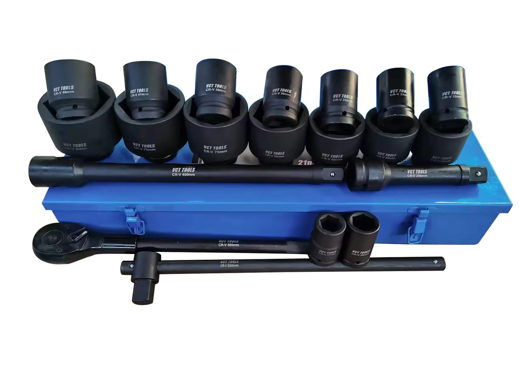 VCT21 Pc Metric Jumbo Impact Socket Set 1" inch Dr Deep MM Ratchet Extension Bar W/Metal Case 6 Point Flank Style Sockets