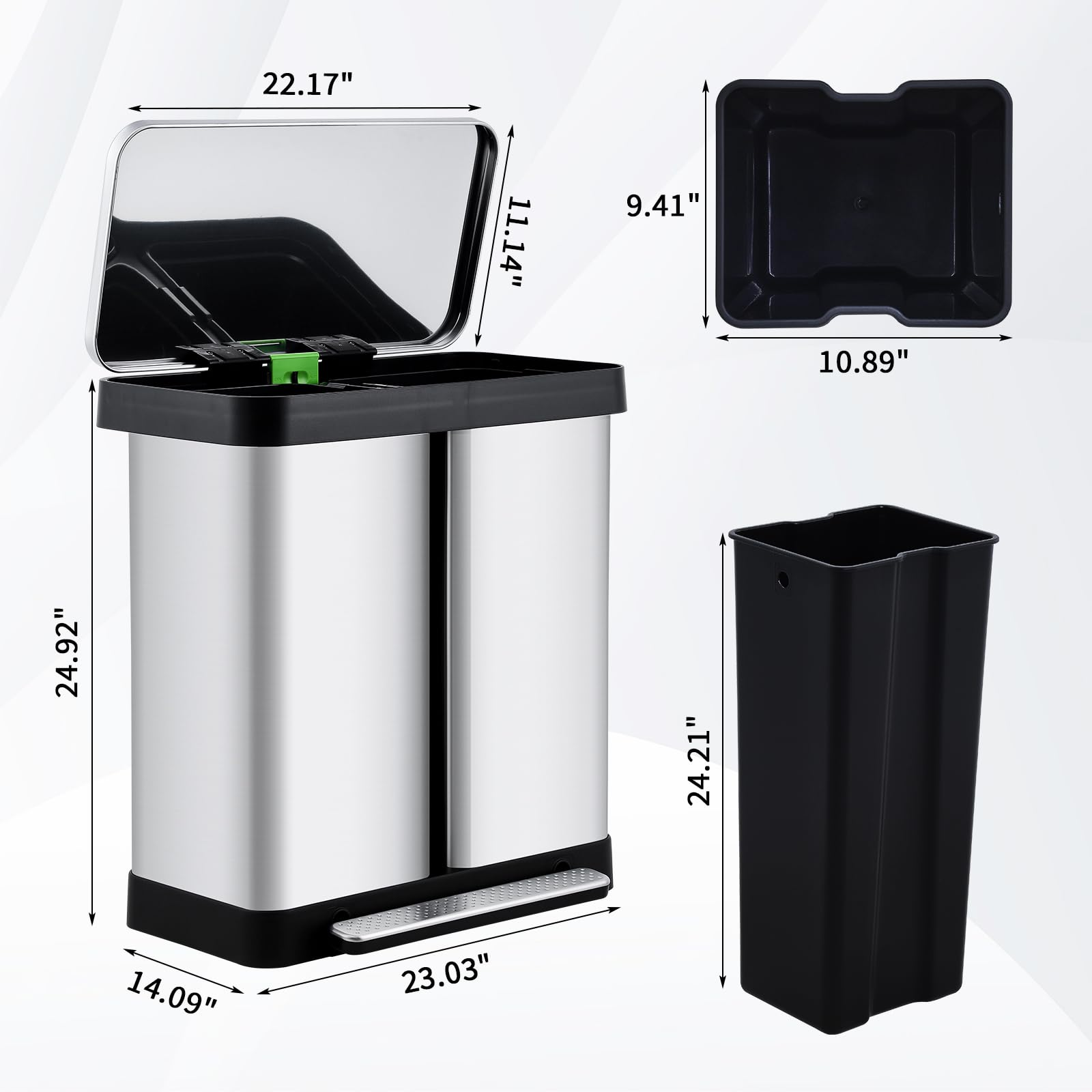 GarveeHome Mülleimer Küche,2 x 36 L Mülltrennsystem Edelstahl Mülleimer 2 fächer tretmülleimer Doppeldeckel mülltrennung getrennten Fächern berührungsfreie Bedienung geräuscharme für Küche Haushalt