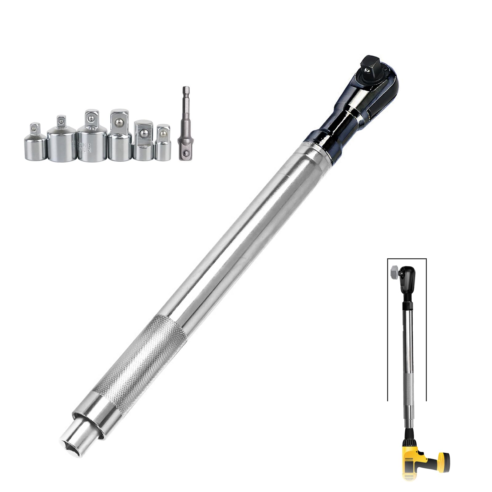 Offset Extension Wrench, 1/2" Offset Extension Wrench Impact for Electric Drill with 6 Conversion Adapters, Multifunctional Electric Ratchet Wrench, Slim for Tight Spaces