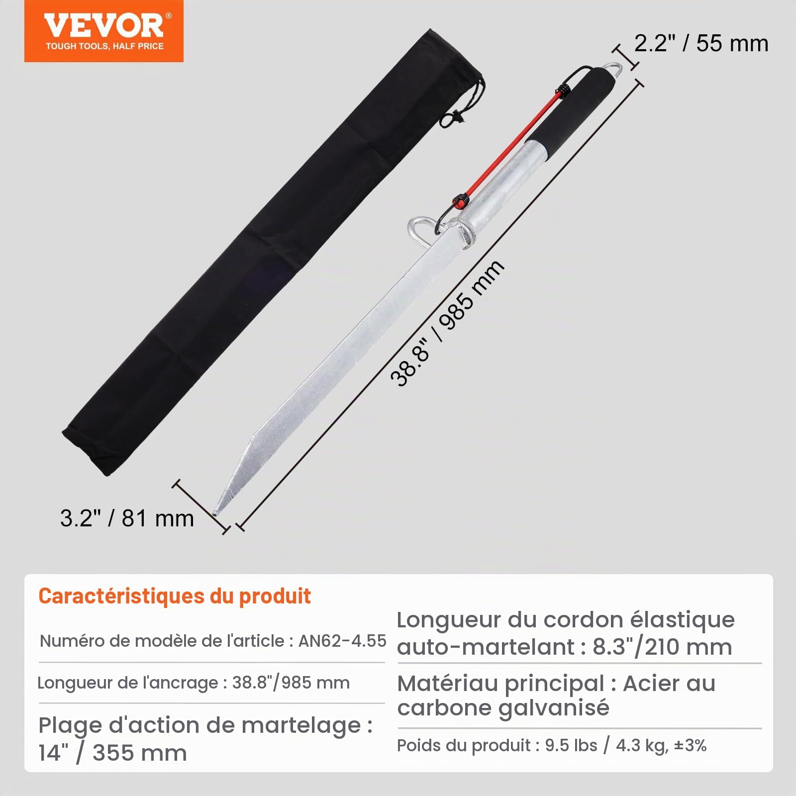 VEVOR Ancre de bateau à piquet de sable, 91,4 cm, en acier au carbone galvanisé, crochet d'ancrage pour bateau, ponton, kayak, avec sac de rangement Oxford