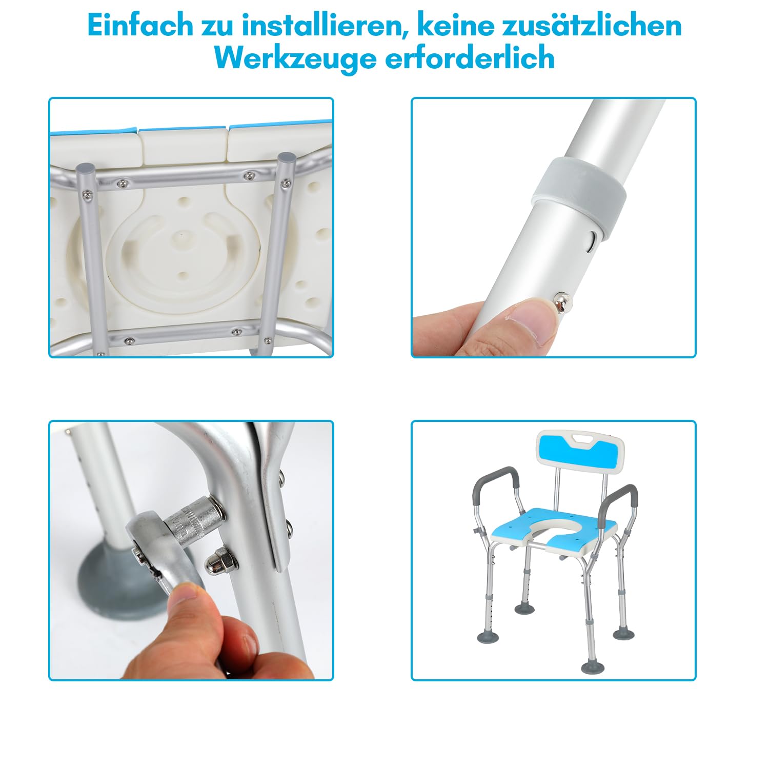 Duschhocker für senioren, Duschstuhl mit Rückenlehne und Armlehne, abnehmbarem Kissen, Höhenverstellbar Badhockerund 39-52 cm, Badhocker mit Anti-Rutsch-Füße Duschsitz Duschhilfe Badsitz