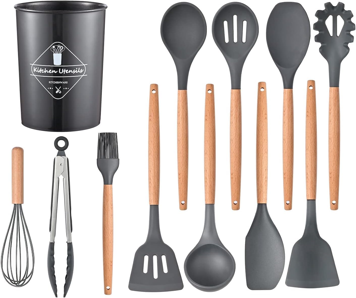ICVKRJ 12 Pcs Silicone Cooking Utensils Kitchen Utensil Set – 446°F Heat Resistant,Turner Tongs, Spatula, Spoon, Brush, Whisk, Wooden Handle Gray Kitchen Gadgets with Holder for Nonstick Cookware Bran