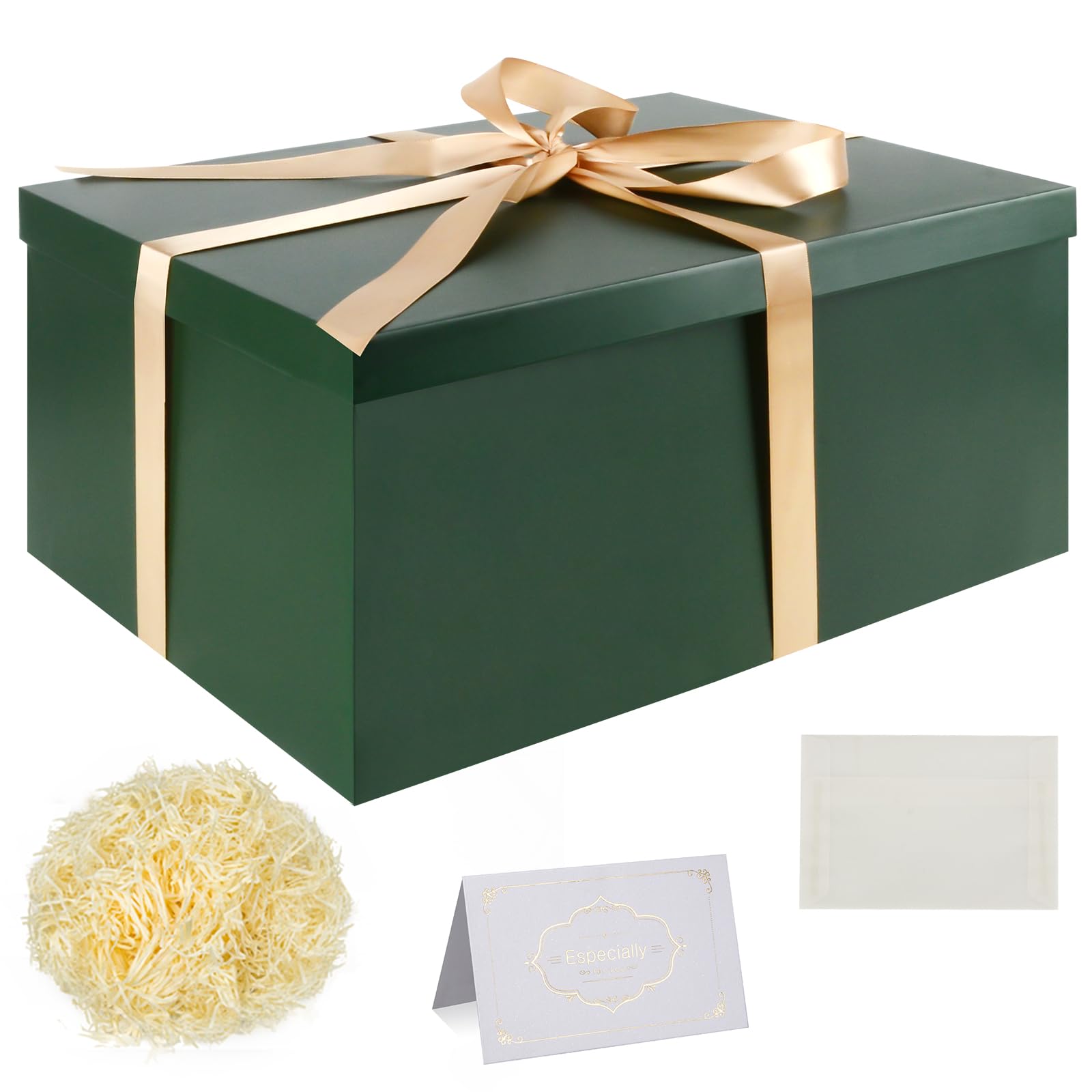 Gift Box Set, Green Gift Boxes with Lids 38 x 28 x 19 cm Large Gift Box with Ribbon Shredded Tissue Paper Greeting Cards for Christmas Birthday Wedding Anniversary