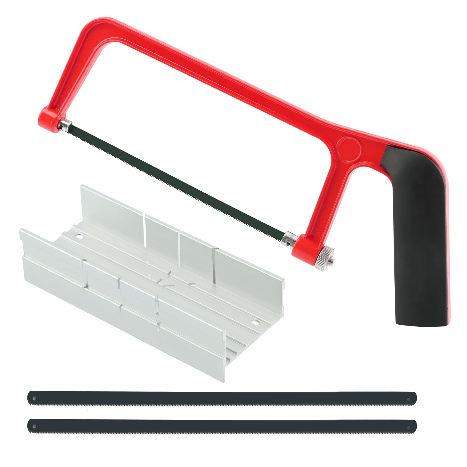 6 Inch Mini Hacksaw and Mitre Block Set, Adjustable Miter Box and Saw Set with 2 Spare Blades, Aluminum Cutting Saw Hack Saws for Woodworking, Hacksaw, Metal Cutting (Red)
