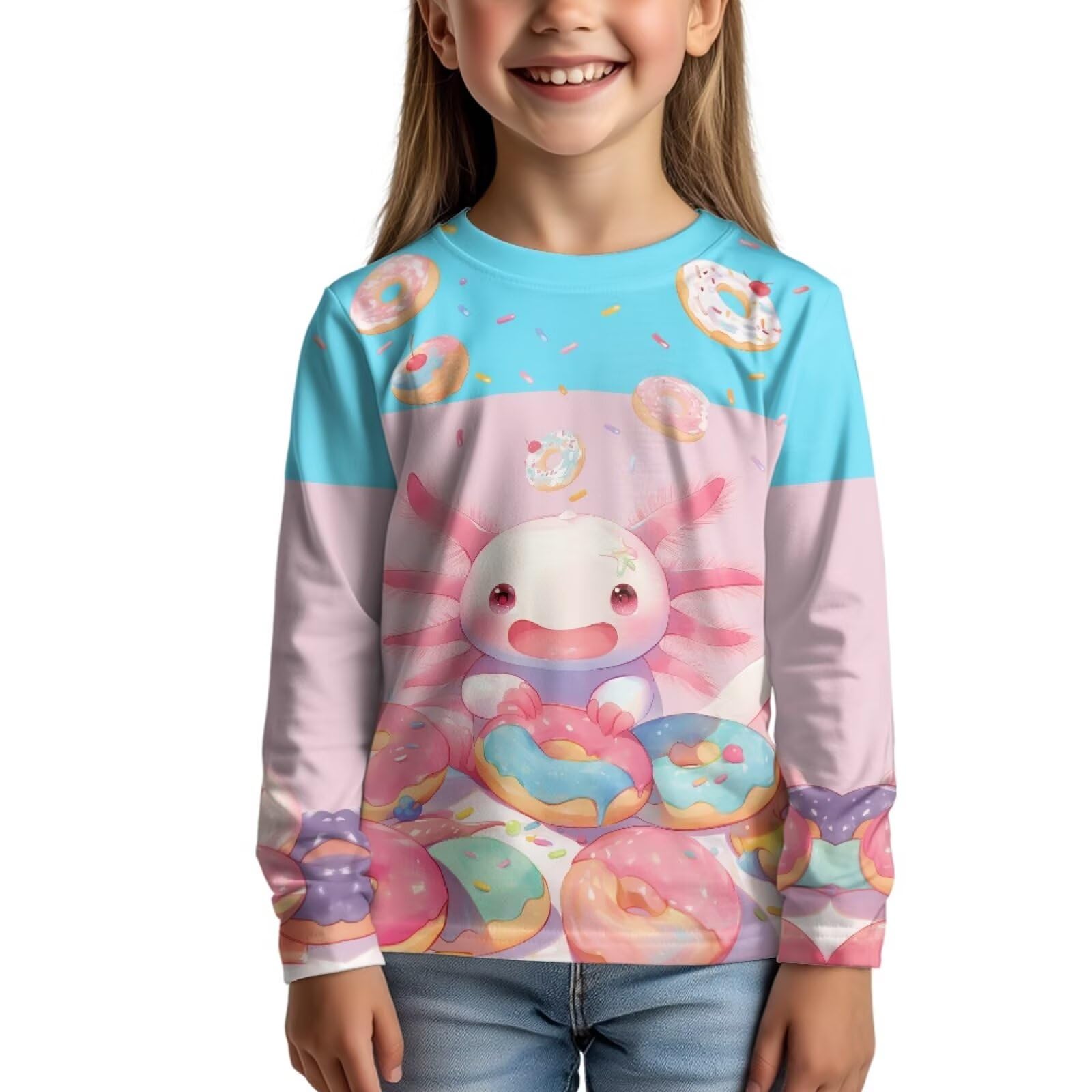 WELLFLYHOM Axolotl Donut Shirts 15-16 Teens Girls Long Sleeve T-Shirt Pink Graphic Crewneck Tops Athletic Workout Pullover Tees Top Outdoor Running Spring Fall Outfits