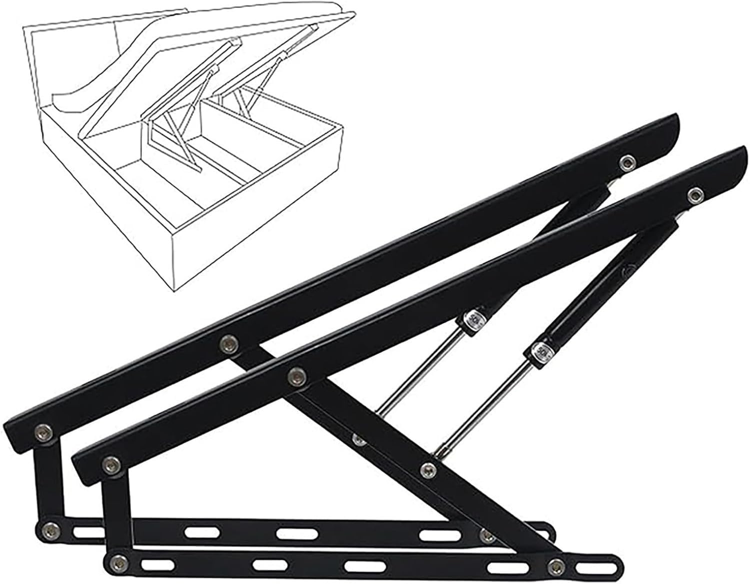 Agruopnc Black 2Pcs Hydraulic Bed Lift Mechanism, Lifting Heavy-Duty Box Spring Hinges,Gas Strut Support, Safety Pneumatic Gas Lid Stay For Toy Chest Bench(,90Cm/3Ft)