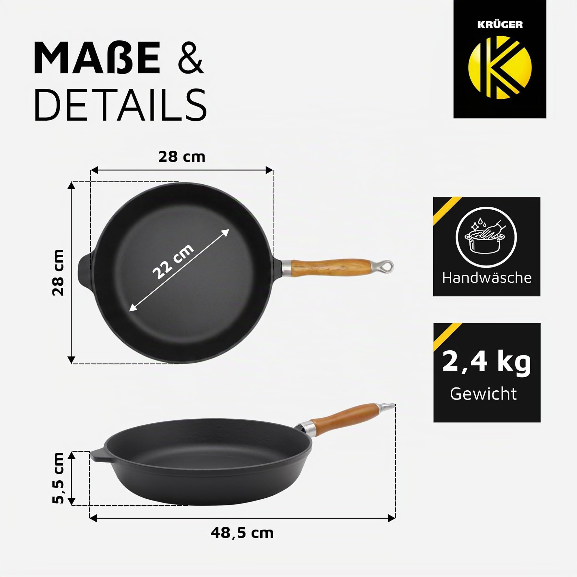 KRÜGER Eisenguss-Pfanne Rustica, Emaile, Ø 28 cm, Schwarz