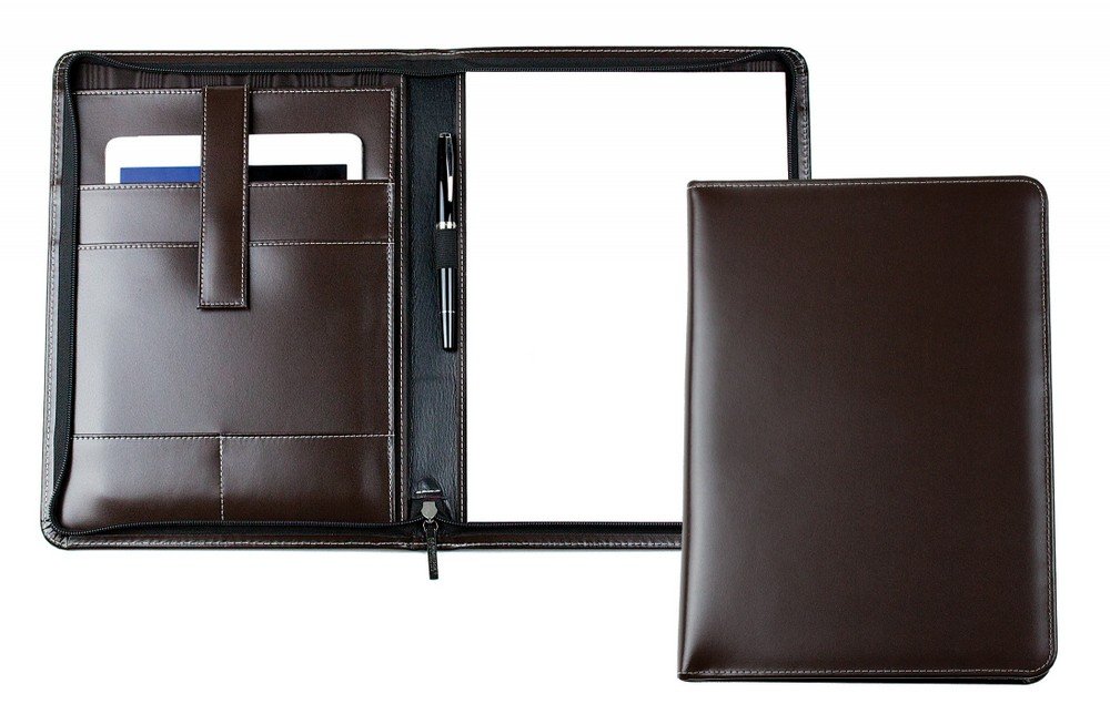 DELMON VARONE - Personalisierbare Tablet Schreibmappe DIN A4 aus Cambridge Top Grain Leder braun, Konferenzmappe mit Notizblock, Stiftschlaufe & Einsteckfächer, Besprechungsmappe mit Reißverschluss