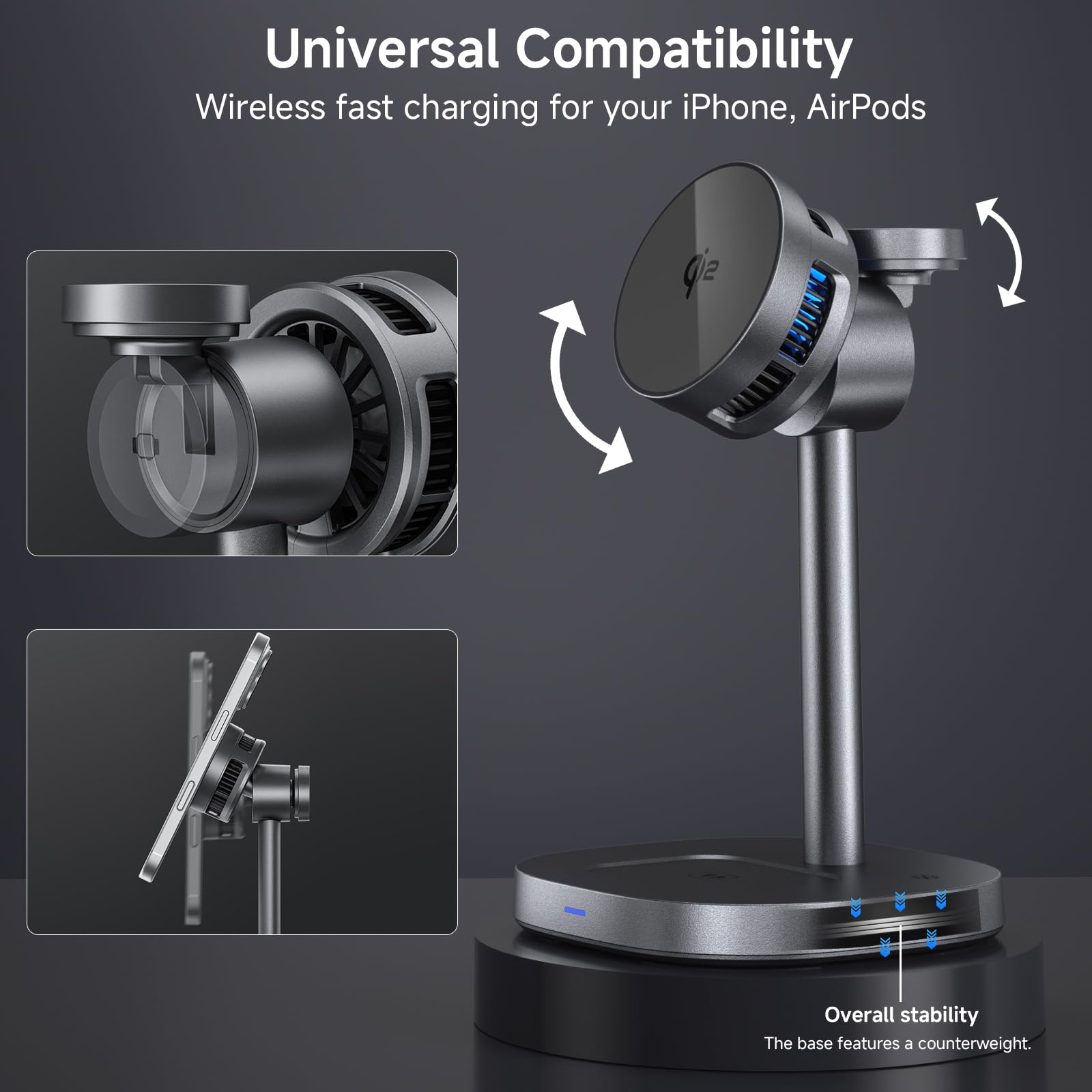 Stazione di ricarica wireless magnetica 3 in 1 con ventola di raffreddamento, caricabatterie rapido Qi2 da 15 W, supporto per caricabatterie wireless compatibile con iPhone 16/15/14/13/12
