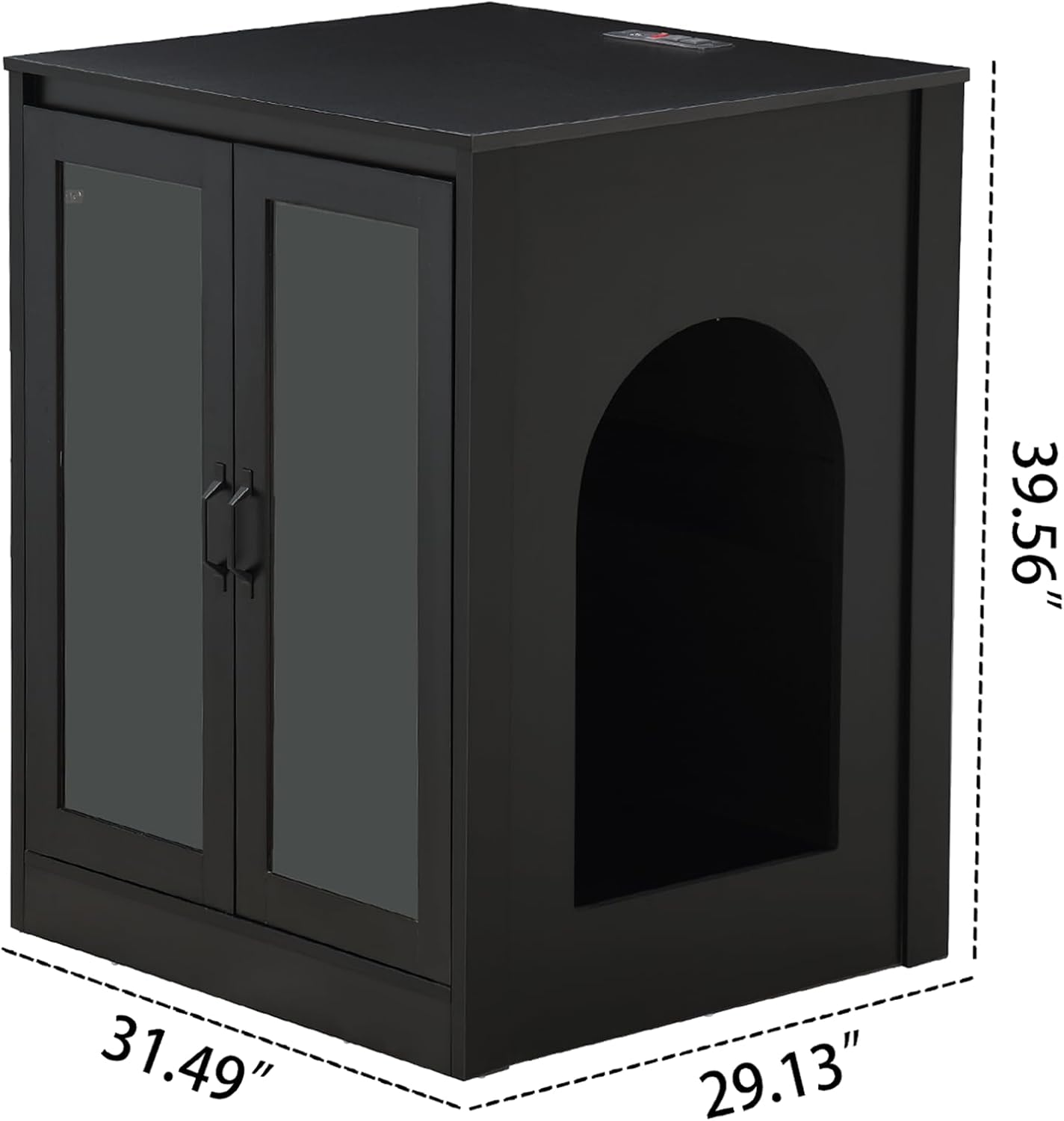 Cat Litter Enclosure with Cat-Viewing Glass Doors, Litter Cabinet with Power Outlet and Cozy LED Lights, Reversible and Optional Entry, Black