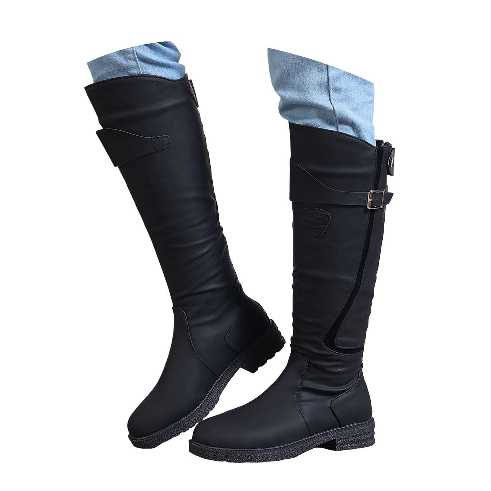 Womens Winter Knee High Boots Fashion Buckle Wide Calf Combat Riding Booties Zipper Low Heel Mid Calf Boots