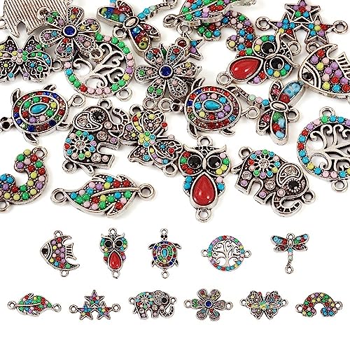 FASHEWELRY 22Pcs Antique Silver Animals Connector Charms Alloy Owl Elephant Fish Link Charms 2 Holes