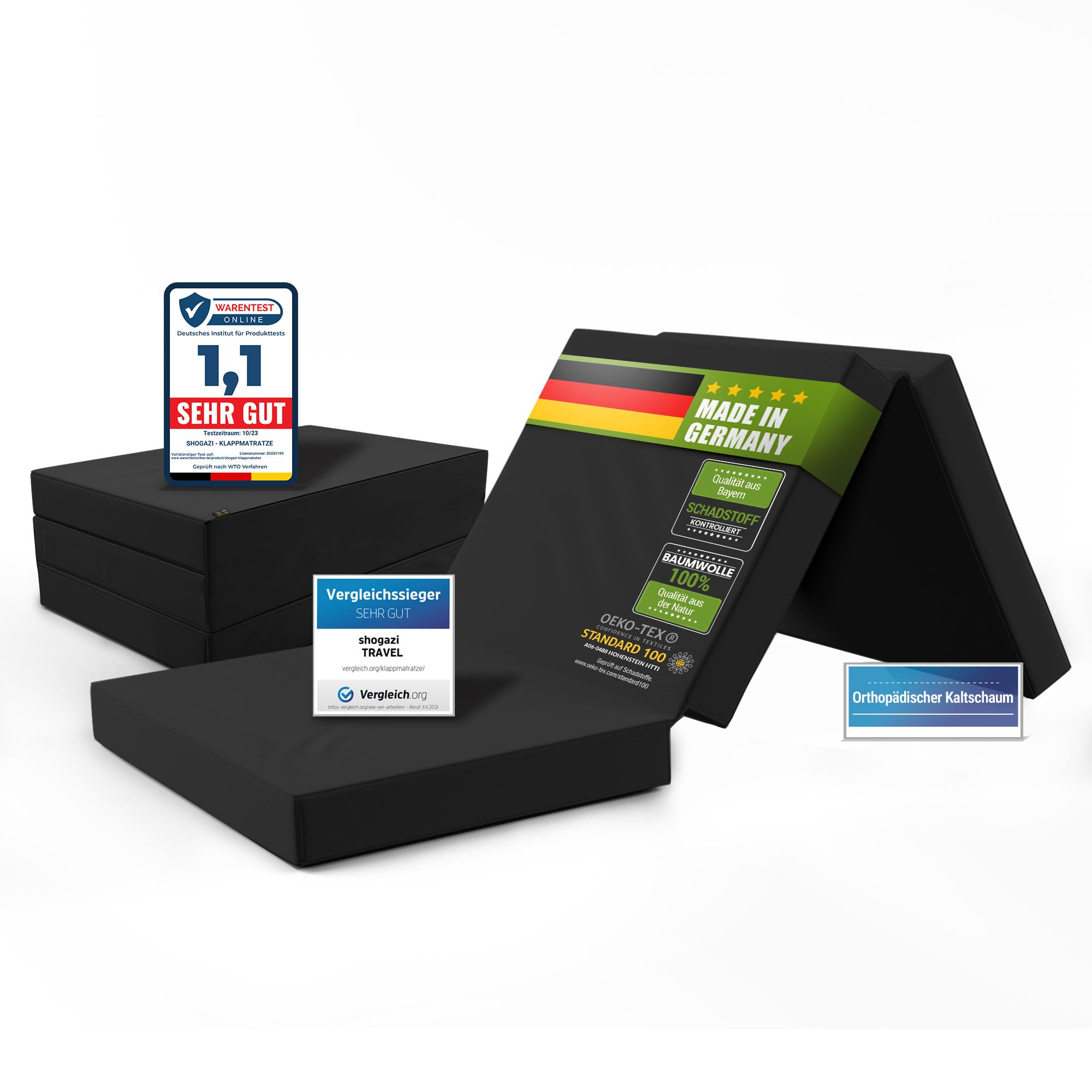 Składany materac 90 x 200 x 12 cm Shogazi® TRAVEL, materac dla gości, 3-częściowy, kostka rehabilitacyjna, wysokiej jakości zimna pianka, bawełniana poszewka nadaje się do prania, wykonano w Niemczech, antracytowa