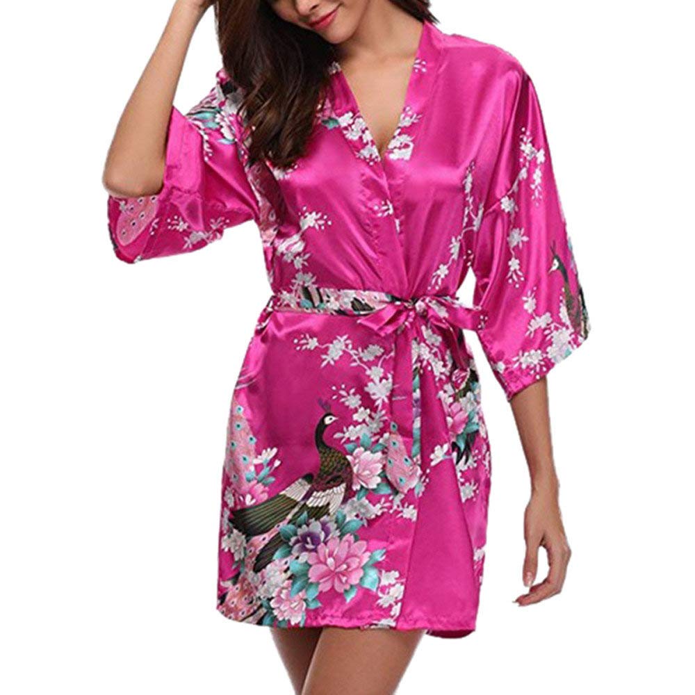 Dressin Womens Sleepwear Strap Floral Satin Nightgown Underwear Nightdress with Belt