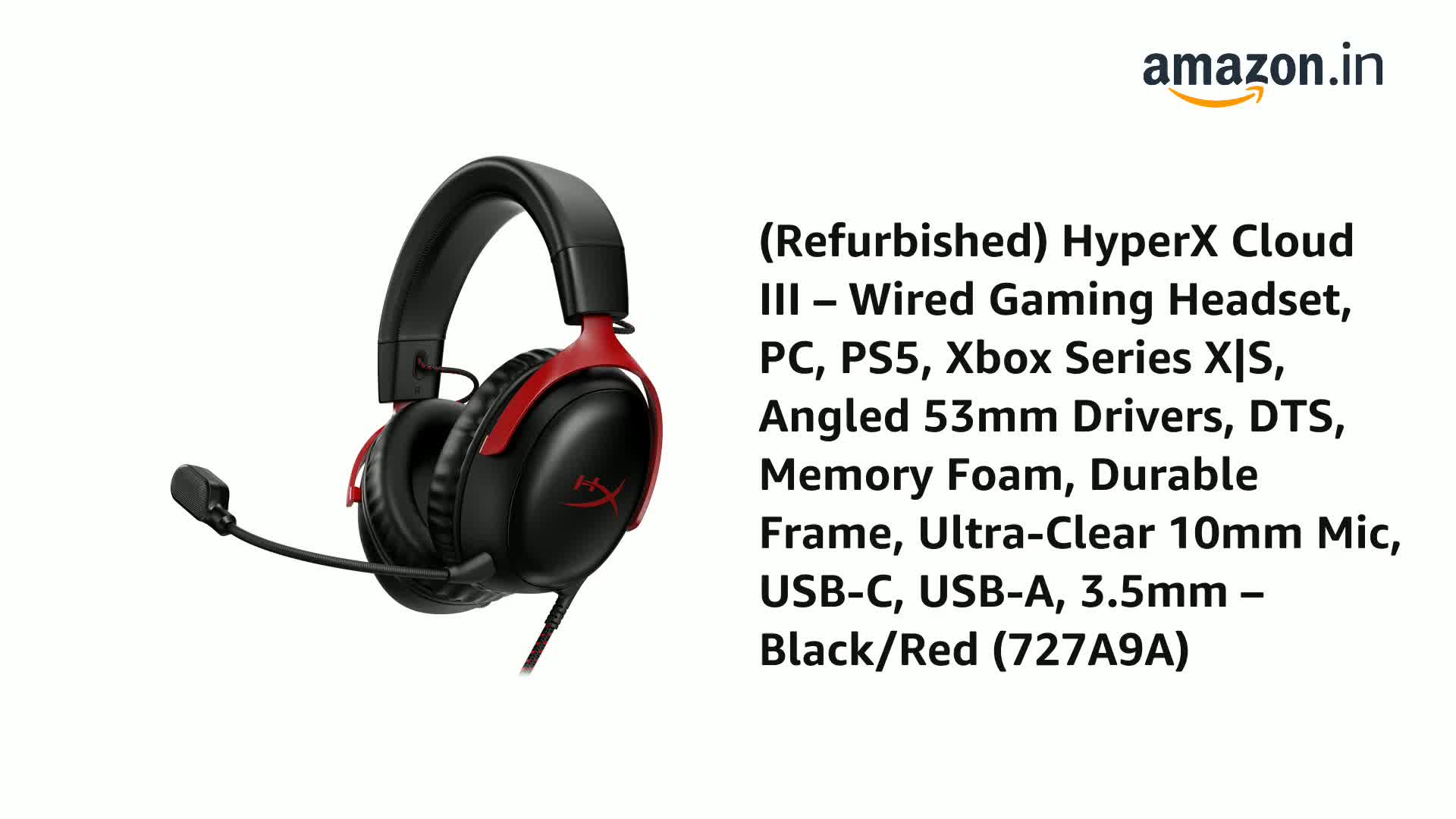 Refurbished) HyperX Cloud III – Wired Gaming Headset, PC, PS5