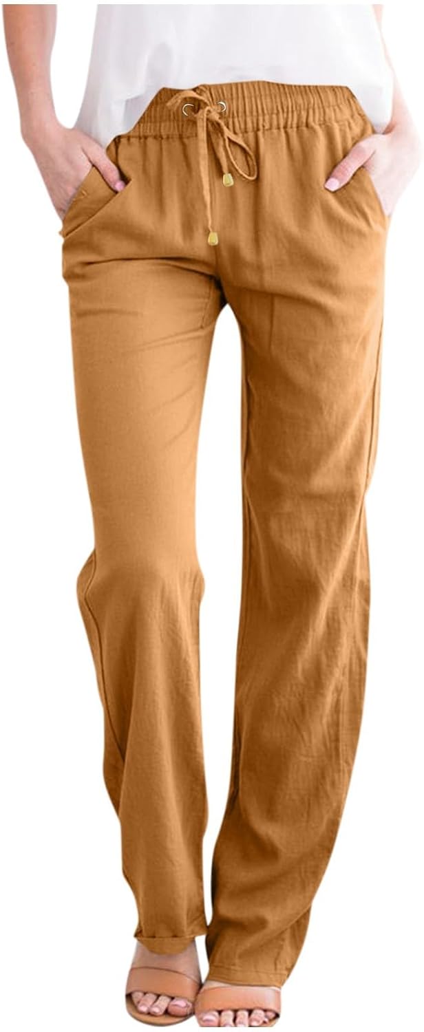 midelxp Plus Size Linen Pants Women Summer Casual Boho Lightweight Straight Leg Pants Comfy High Waisted Vacation Beach Pants