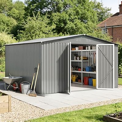 WillowLume 12 x 10FT Grey Outdoor Storage Shed, Metal Waterproof Shed Garden Tool Shed with Door and Lock Outdoor Storage,All-Weather Shelter for Bike, Gardening Tools, Lawn Mowers