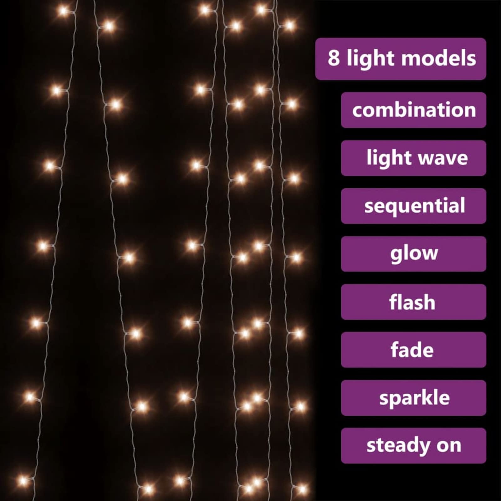 Cortina de Luces LED, 300 LED de Bajo Consumo, 8 Modos de Luz, Impermeable, 3m Cable de Extensión, Blanco Cálido, Decoración para Interior y Exterior, para Navidad y Eventos