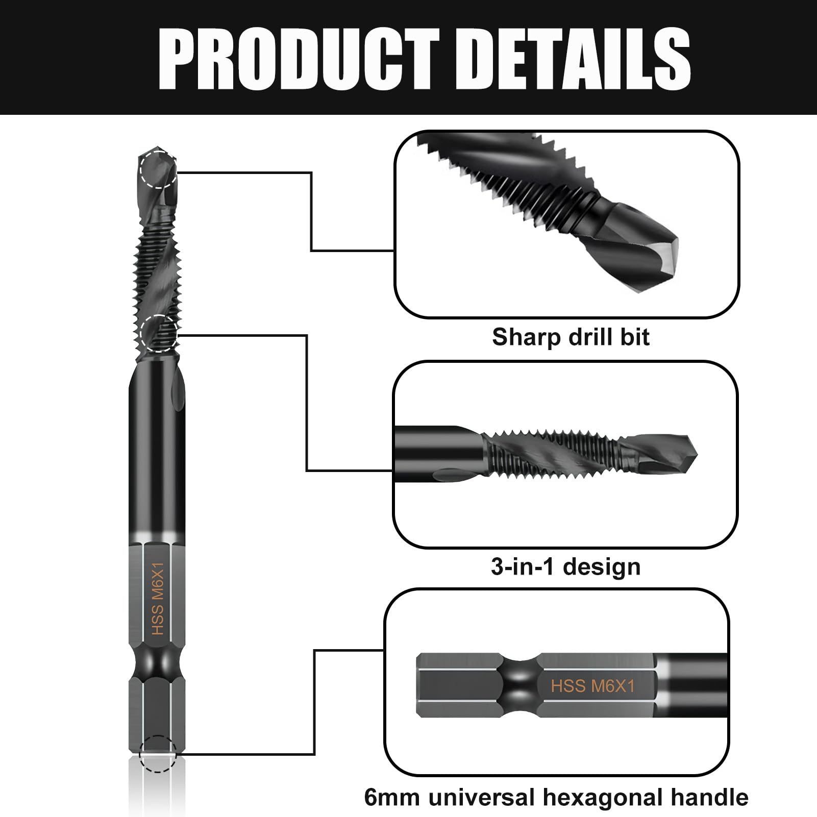 6 Pcs HSS Thread Tap Drill Bit Set, Tap Drill Bits Set M3 M4 M5 M6 M8 M10, 1/4” Hex Shank Drills and Taps Sets - Image 3