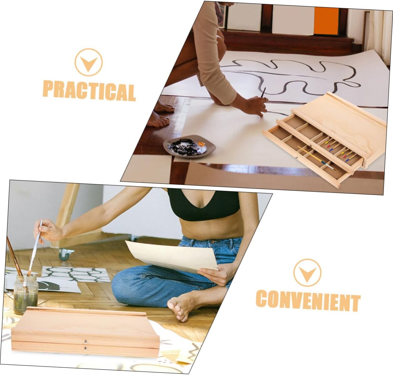 SEWACC Wooden Artist Storage Box Portable Art Supply Organizer for Paints Pencils Markers with Ample Space for Outdoor Sketching and Drawing Tools