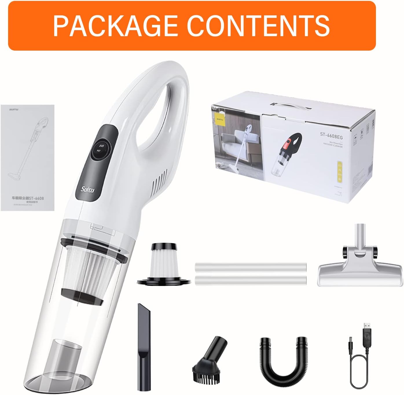 All components of the suitU Handheld Cordless Wet & Dry Vacuum Cleaner package laid out, including the main unit, various nozzles, extension tubes, charging cable, and manual.
